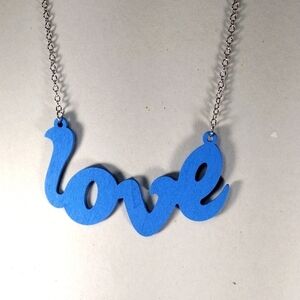 Women's Stunning Polished Silver tone Blue " LOVE " Design Long Necklace - 34-in